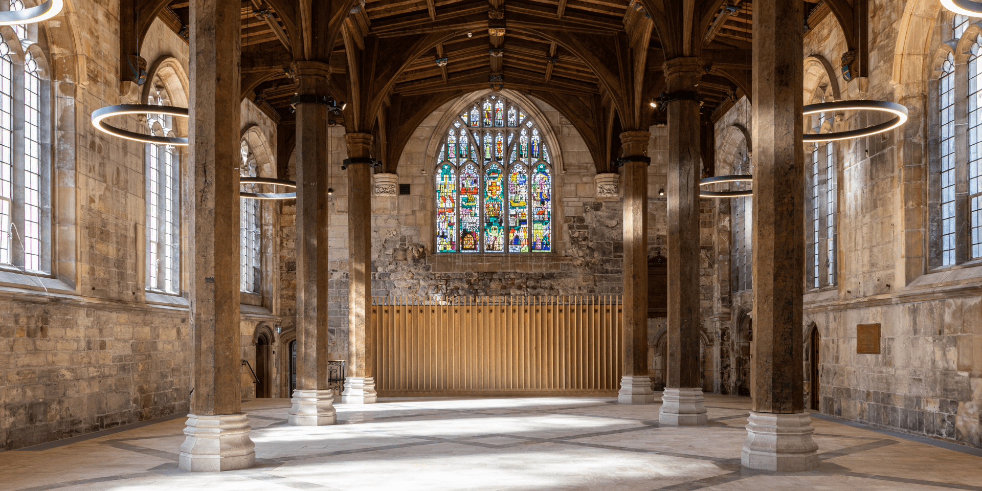 Stained glass windows inside the York Guildhall