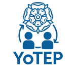 Yorkshire rose logo with two figures underneath and arrows 