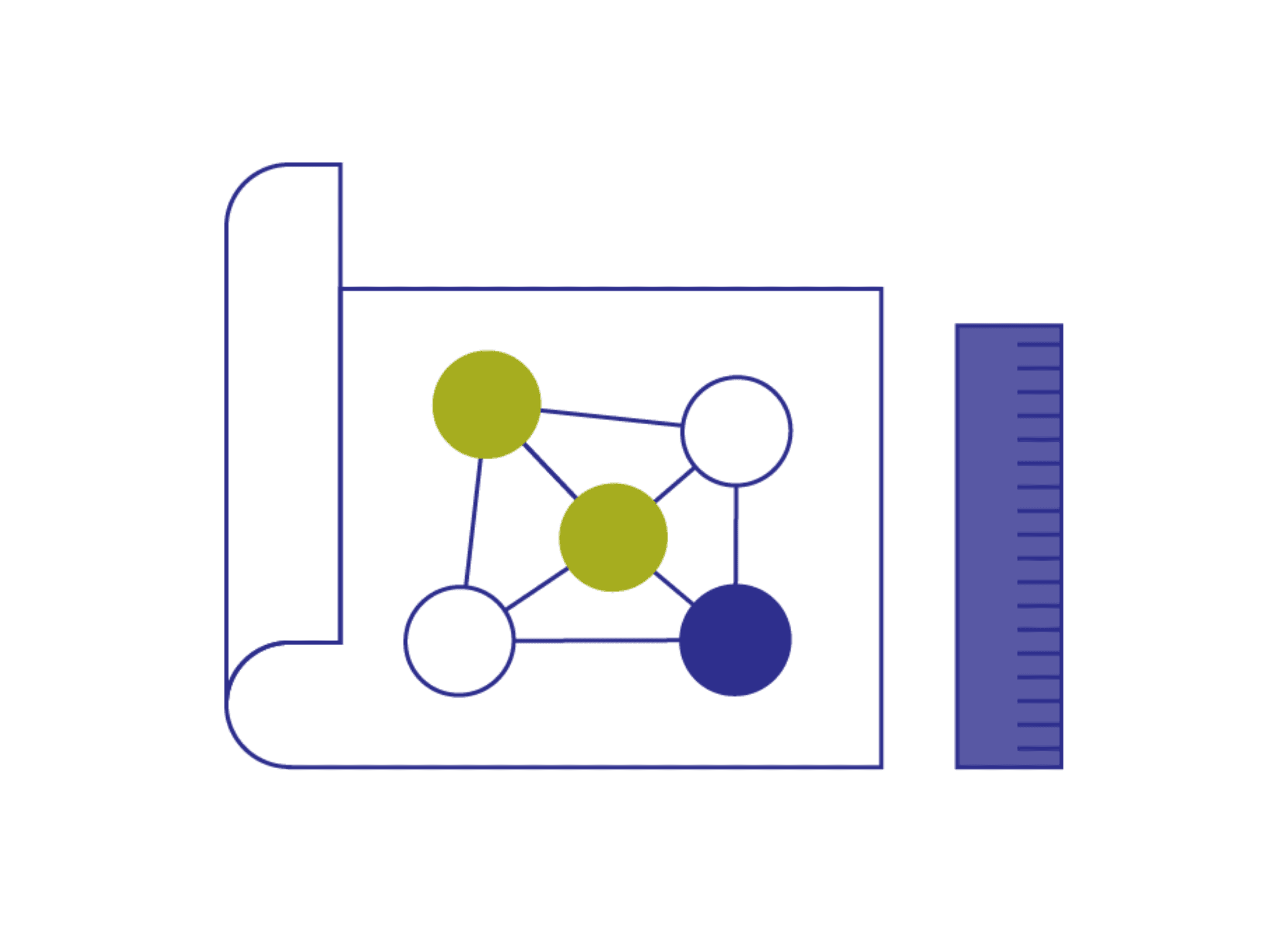 Paper with 5 circles on it connected with straight lines. Purple ruler shown to the right of the paper.