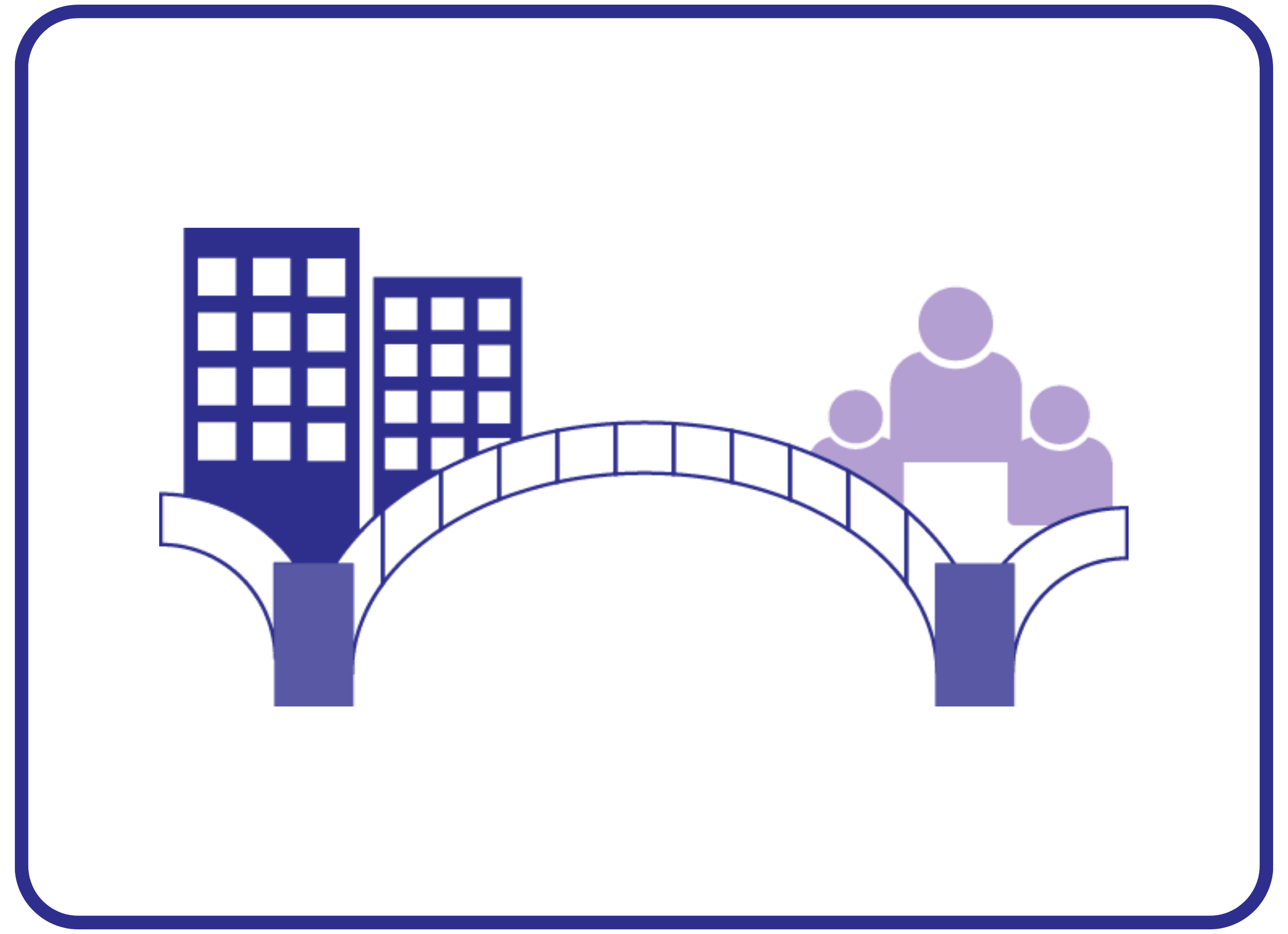 illustration of a building, bridge, and people on the right of the bridge