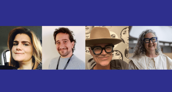 Headshots of four people on a purple background