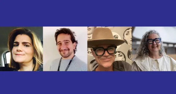 Headshots of four people on a purple background