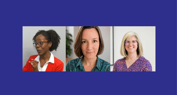 Headshots of three women on a purple background