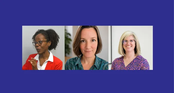 Headshots of three women on a purple background